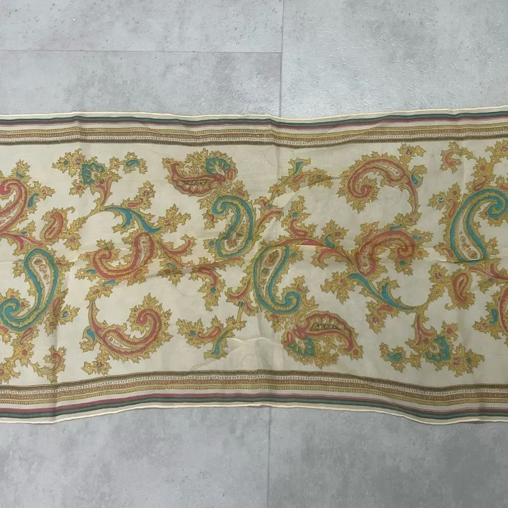 Vintage Scarf Rectangular Gold Green Paisley 100% Rayon‎ Hand Rolled Japan 42X16